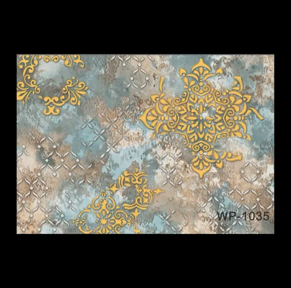 Distressed_Artisanal_Wallpaper_In_Gold_And_Misty_Teal_With_Abstract_Damask_Motifs_For_A_Luxurious_Living_Room_Wallpaper.