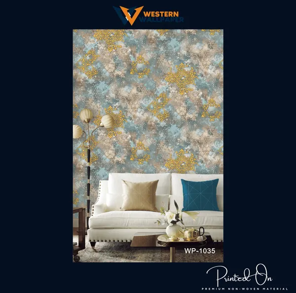 Distressed_Artisanal_Wallpaper_In_Gold_And_Misty_Teal_With_Abstract_Damask_Motifs_For_A_Luxurious_Living_Room_Wallpaper.