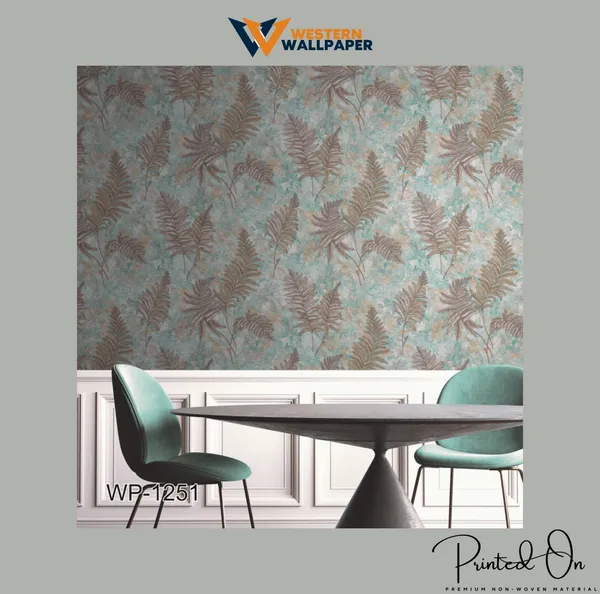 Elegant_Ferns_And_Leaves_Wallpaper_In_Blue_And_Gold_For_A_Vintage,_Nature-Inspired_Dining_Area_Wallpaper