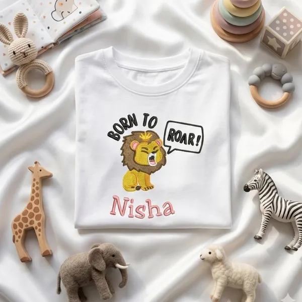 Kids_Embroidered_Tshirt-custom_name_with_Embroidery_-Lion_Born_to_Roar-White