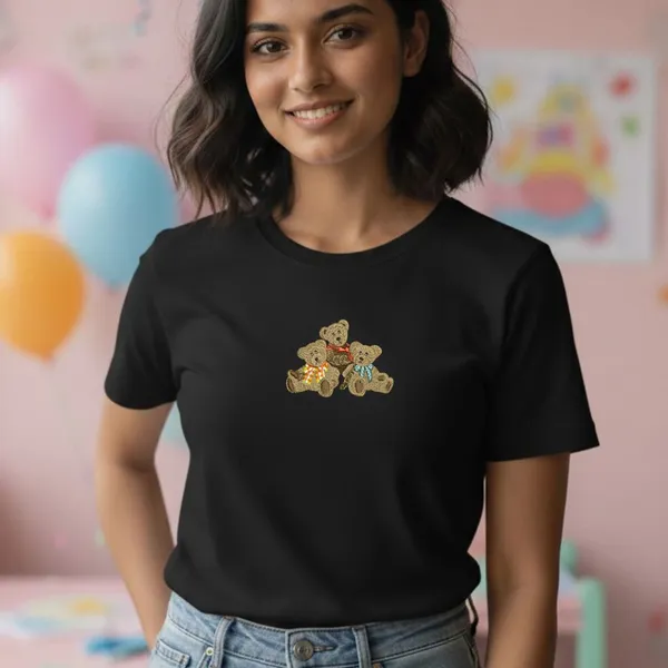 Regular_Womens_Tshirt_with_Embroidery_-Teddy_bear_trio-Black