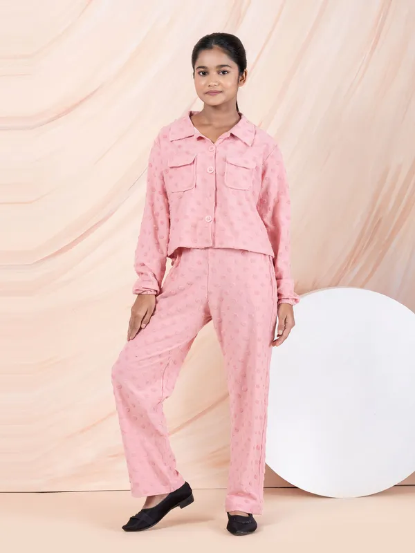 Textured_Solid_Shirt_And_Pant_Coord_Sets,Peach_Pink