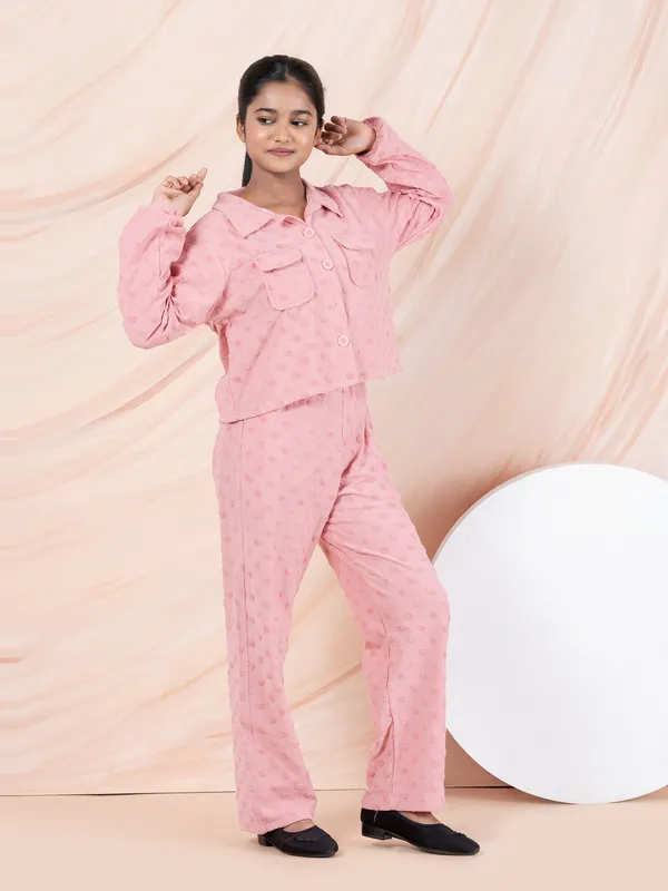 Textured_Solid_Shirt_And_Pant_Coord_Sets,Peach_Pink