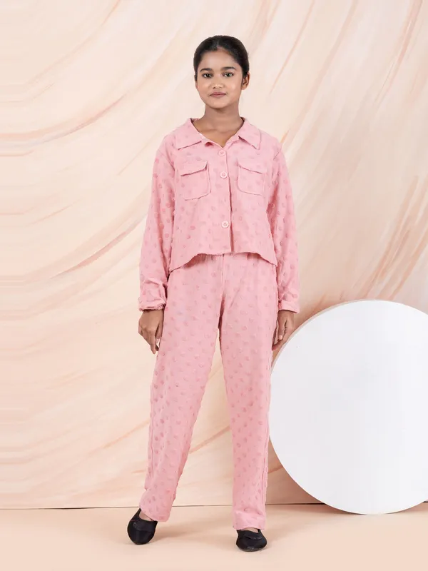 Textured_Solid_Shirt_And_Pant_Coord_Sets,Peach_Pink