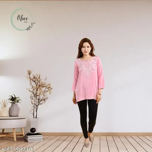 Pink_Floral_Embroidered_Straight_Rayon_Short_Kurti_For_Women