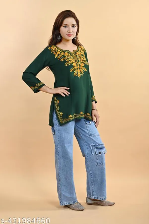 Green_Floral_Embroidered_Rayon_Three-Quarter_Sleeve_Short_Kurti_For_Women