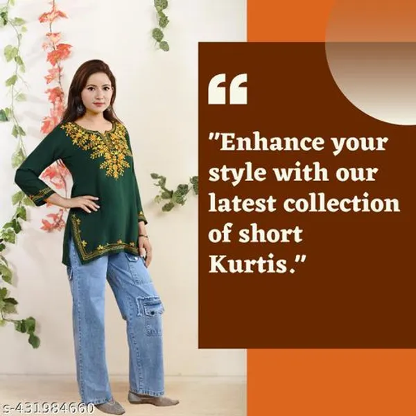Green_Floral_Embroidered_Rayon_Three-Quarter_Sleeve_Short_Kurti_For_Women