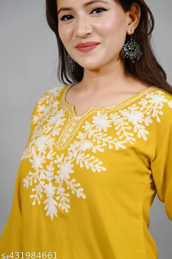 Mustard_Yellow_Floral_Embroidered_Straight_Rayon_Short_Kurti_For_Women