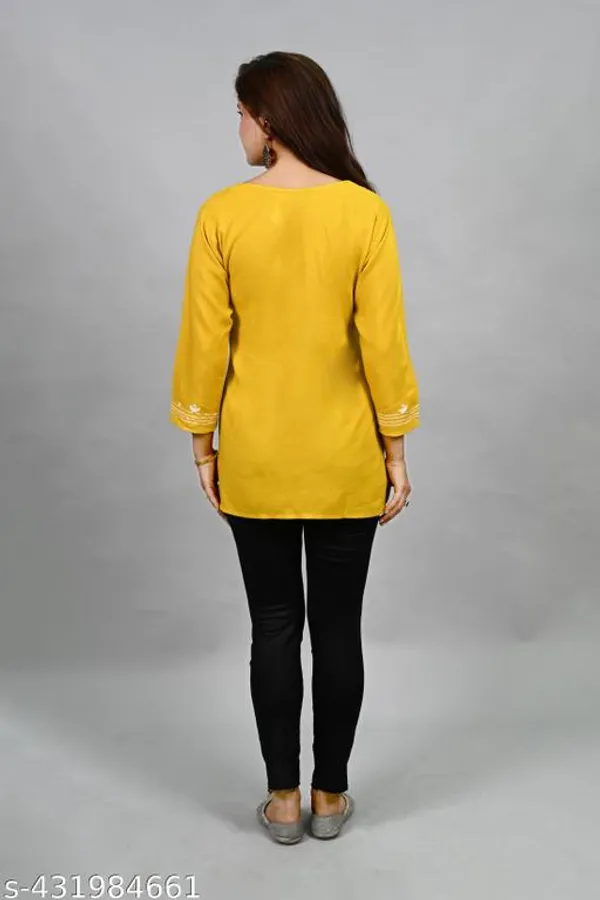 Mustard_Yellow_Floral_Embroidered_Straight_Rayon_Short_Kurti_For_Women