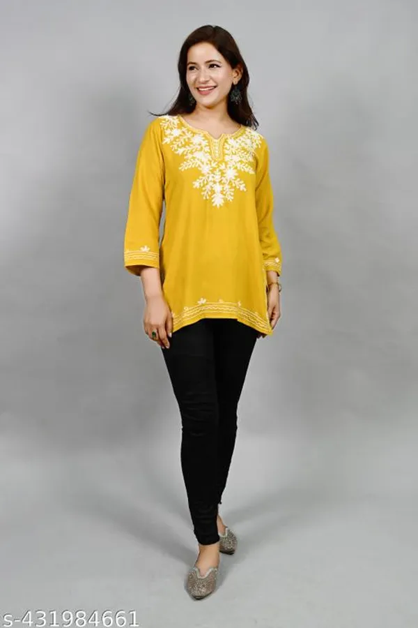 Mustard_Yellow_Floral_Embroidered_Straight_Rayon_Short_Kurti_For_Women
