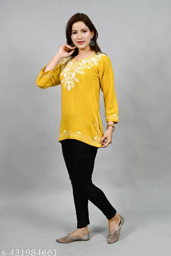 Mustard_Yellow_Floral_Embroidered_Straight_Rayon_Short_Kurti_For_Women