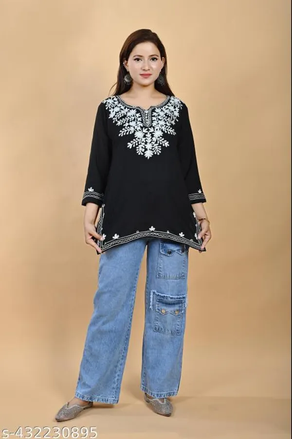 Black_Floral_Embroidered_Straight_Rayon_Short_Kurti_For_Women