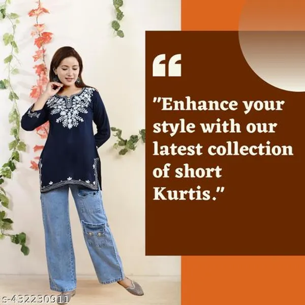 Blue_Floral_Embroidered_Straight_Rayon_Short_Kurti_For_Women