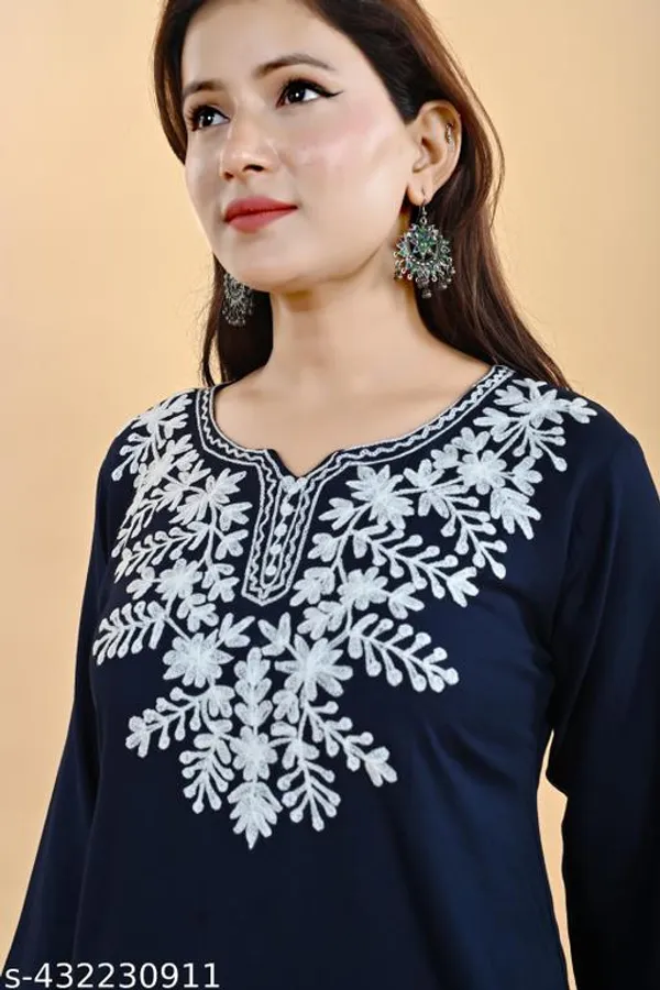 Blue_Floral_Embroidered_Straight_Rayon_Short_Kurti_For_Women