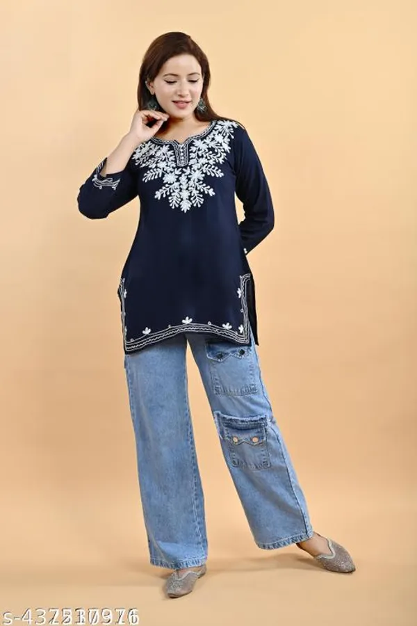 Black_&_Blue_Floral_Embroidered_Straight_Rayon_Three_Quarter_Sleeves_Short_Kurti_For_Women_(Pack_Of_2)