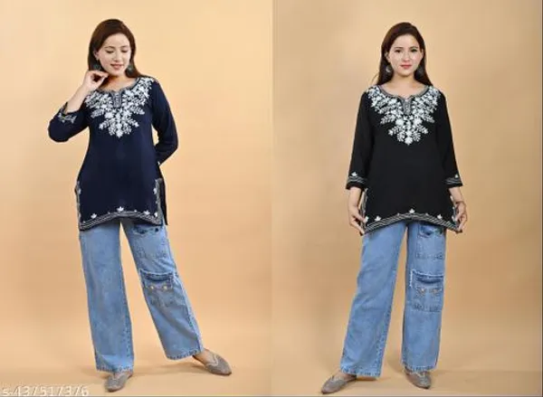 Black_&_Blue_Floral_Embroidered_Straight_Rayon_Three_Quarter_Sleeves_Short_Kurti_For_Women_(Pack_Of_2)