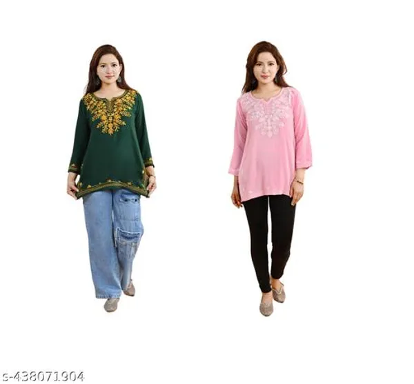 Green_&_Pink_Floral_Embroidered_Regular_Straight_Rayon_Three_Quarter_Sleeves_Short_Kurti_For_Women_(Pack_Of_2)