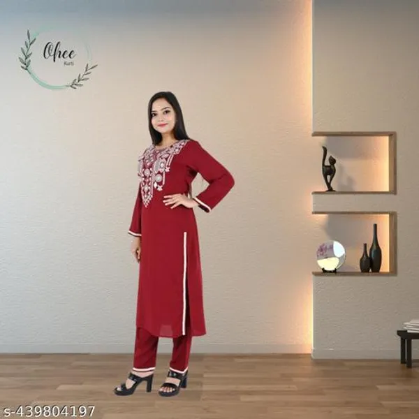 Maroon_Stylish_Embroidered_Straight_Rayon_Three_Quarter_Sleeves_Short_Kurti_For_Women