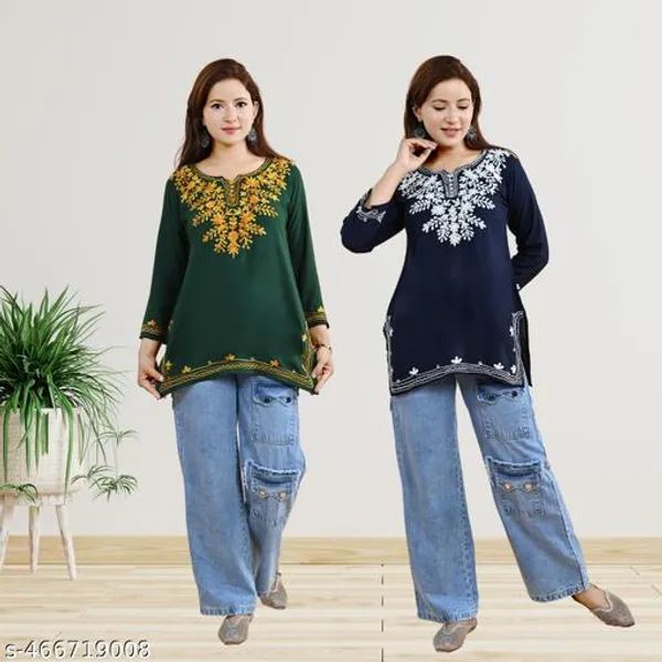 Blue_&_Green_Embroidered_Rayon_Three_Quarter_Sleeves_Short_Kurti_For_Women_(Pack_Of_2)