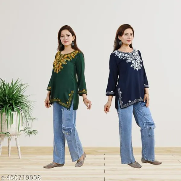 Blue_&_Green_Embroidered_Rayon_Three_Quarter_Sleeves_Short_Kurti_For_Women_(Pack_Of_2)