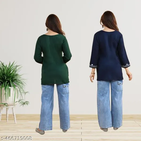 Blue_&_Green_Embroidered_Rayon_Three_Quarter_Sleeves_Short_Kurti_For_Women_(Pack_Of_2)