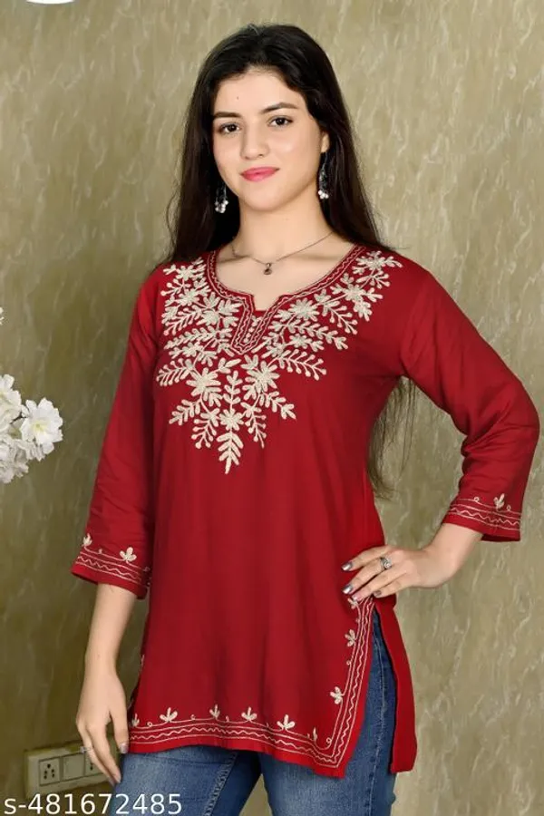 Red_Latest_Trendy_Floral_Embroidered_Straight_Rayon_Short_Kurti_For_Women