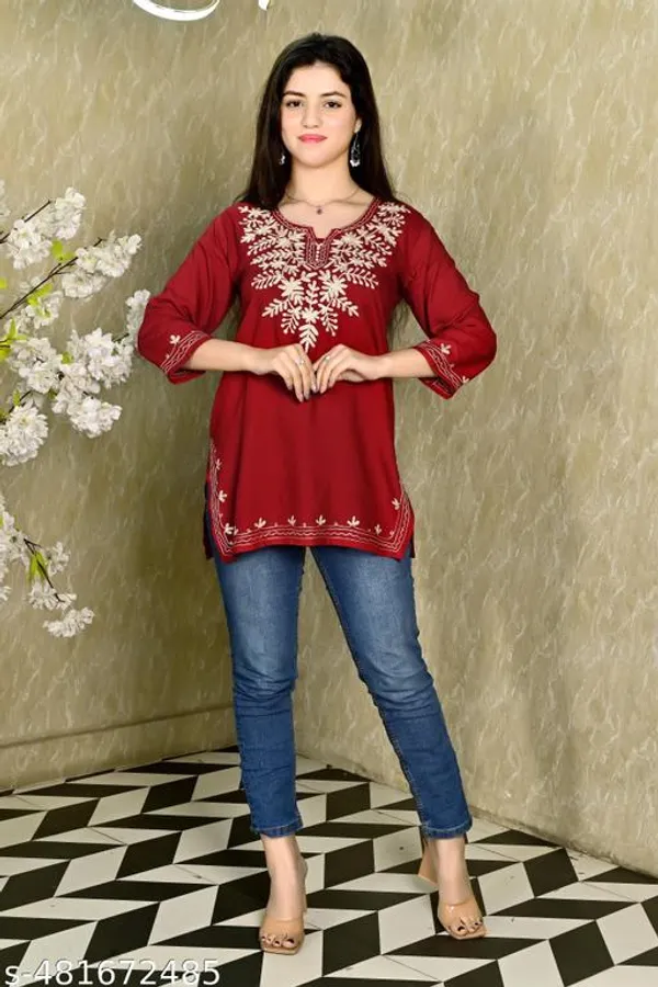 Red_Latest_Trendy_Floral_Embroidered_Straight_Rayon_Short_Kurti_For_Women