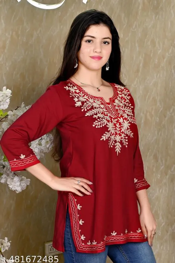Red_Latest_Trendy_Floral_Embroidered_Straight_Rayon_Short_Kurti_For_Women