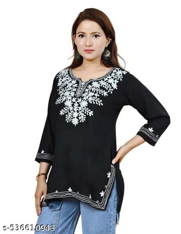 Black_Embroidered_Rayon_Three_Quarter_Sleeves_Short_Kurti_For_Women