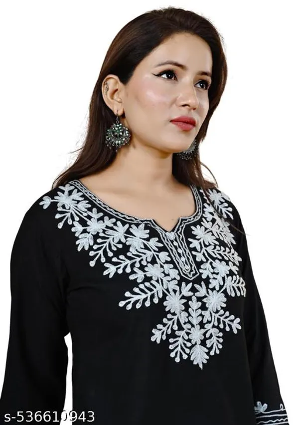 Black_Embroidered_Rayon_Three_Quarter_Sleeves_Short_Kurti_For_Women