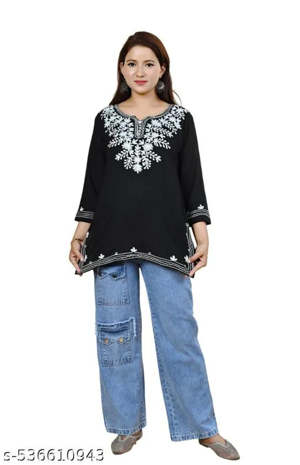Black_Embroidered_Rayon_Three_Quarter_Sleeves_Short_Kurti_For_Women