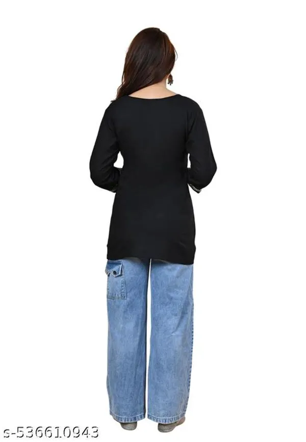Black_Embroidered_Rayon_Three_Quarter_Sleeves_Short_Kurti_For_Women