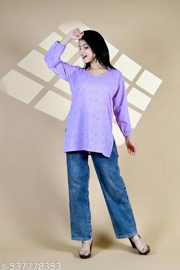 Lavender_Solid_Cotton_Chicken_Schiffli_Long_Sleeve_Short_Kurti_For_Women