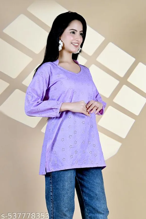 Lavender_Solid_Cotton_Chicken_Schiffli_Long_Sleeve_Short_Kurti_For_Women
