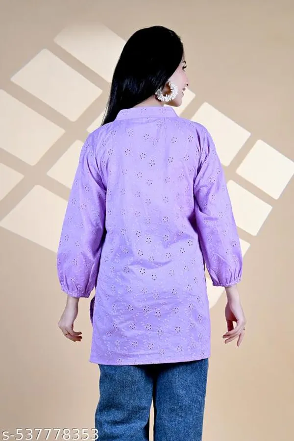 Lavender_Solid_Cotton_Chicken_Schiffli_Long_Sleeve_Short_Kurti_For_Women
