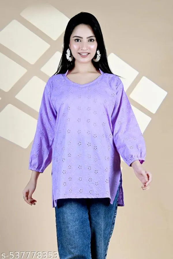 Lavender_Solid_Cotton_Chicken_Schiffli_Long_Sleeve_Short_Kurti_For_Women