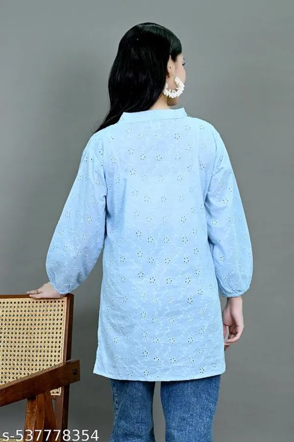 Blue_Solid_Cotton_Chicken_Schiffli_Long_Sleeve_Short_Kurti_For_Women