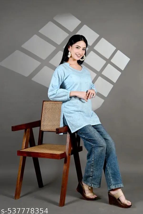 Blue_Solid_Cotton_Chicken_Schiffli_Long_Sleeve_Short_Kurti_For_Women