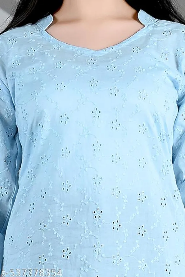 Blue_Solid_Cotton_Chicken_Schiffli_Long_Sleeve_Short_Kurti_For_Women