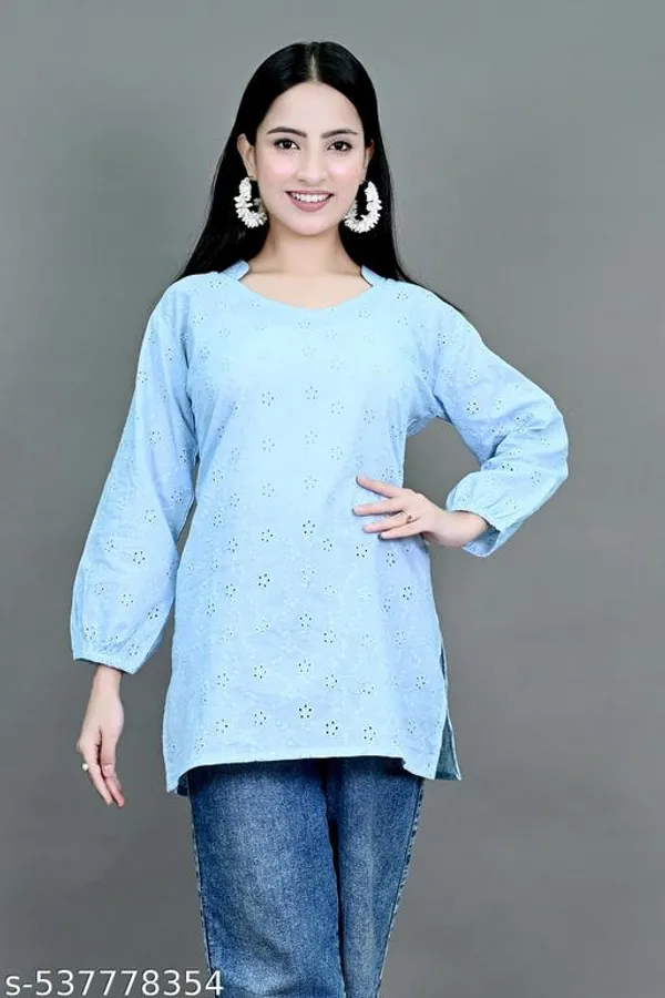Blue_Solid_Cotton_Chicken_Schiffli_Long_Sleeve_Short_Kurti_For_Women
