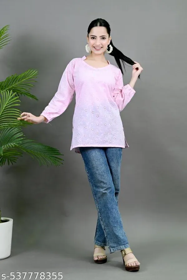 Pink_Solid_Cotton_Chicken_Schiffli_Long_Sleeve_Short_Kurti_For_Women