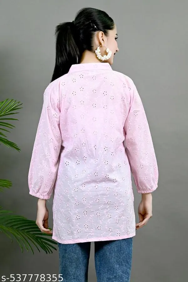 Pink_Solid_Cotton_Chicken_Schiffli_Long_Sleeve_Short_Kurti_For_Women