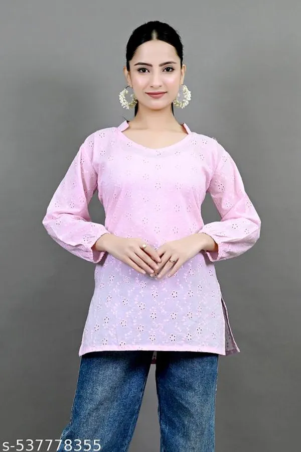 Pink_Solid_Cotton_Chicken_Schiffli_Long_Sleeve_Short_Kurti_For_Women