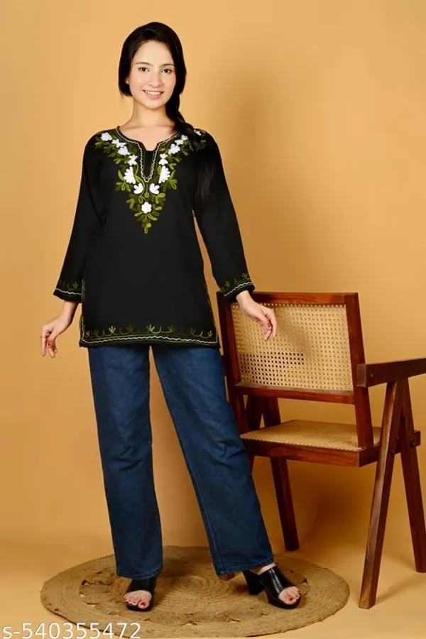 Black_Stylish_Floral_Embroidered_Rayon_Long_Sleeves_Short_Kurti_For_Women