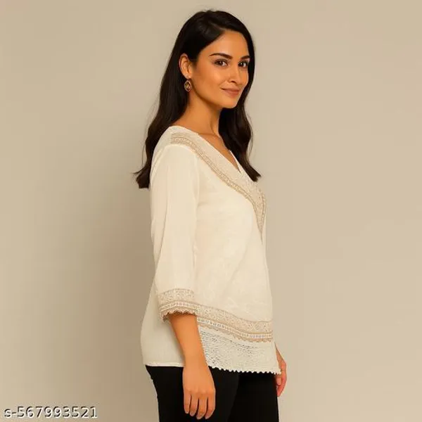 White_Embroidered_V-Neck_Cotton_Three_Quarter_Sleeves_With_Lace_Detailing_Short_Kurti_For_Women