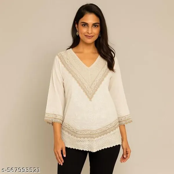 White_Embroidered_V-Neck_Cotton_Three_Quarter_Sleeves_With_Lace_Detailing_Short_Kurti_For_Women