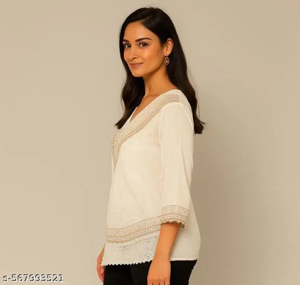 White_Embroidered_V-Neck_Cotton_Three_Quarter_Sleeves_With_Lace_Detailing_Short_Kurti_For_Women