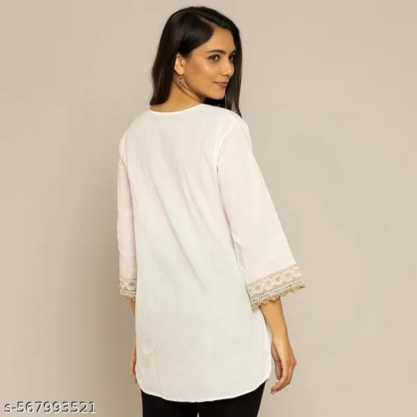 White_Embroidered_V-Neck_Cotton_Three_Quarter_Sleeves_With_Lace_Detailing_Short_Kurti_For_Women