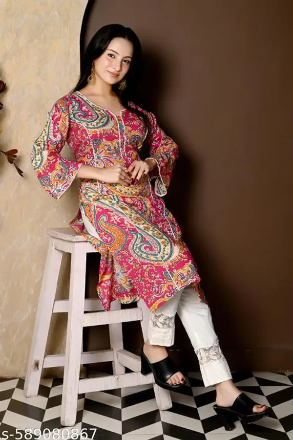 Pink_Floral_Printed_Cotton_Blend_Straight_Flared_Sleeve_Short_Kurti_For_Women