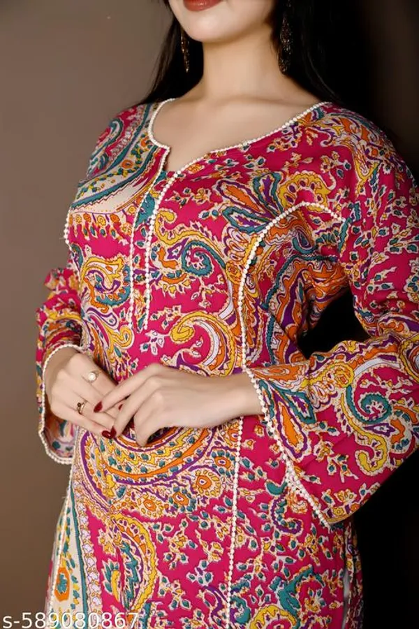 Pink_Floral_Printed_Cotton_Blend_Straight_Flared_Sleeve_Short_Kurti_For_Women